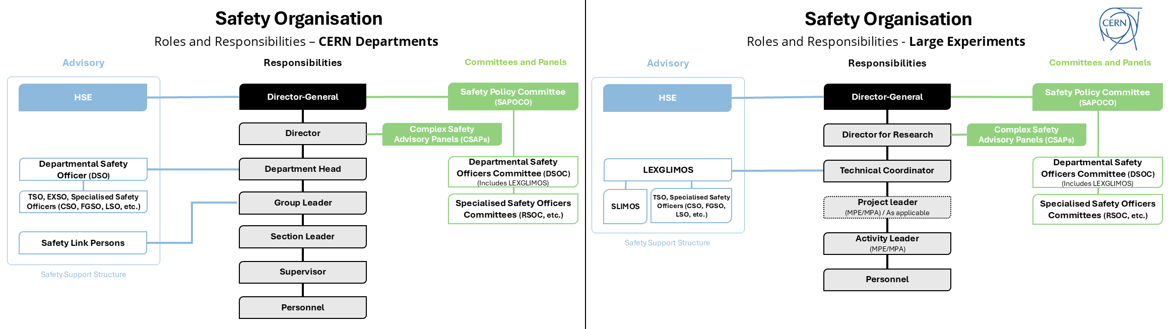 The safety heirachy at CERN. The DG, directors, and department heads have direct responsibility for safety. Department heads give delegated authority to a DSO or LEXGLIMOS, who in turn appoint the TSO and specialist officers.