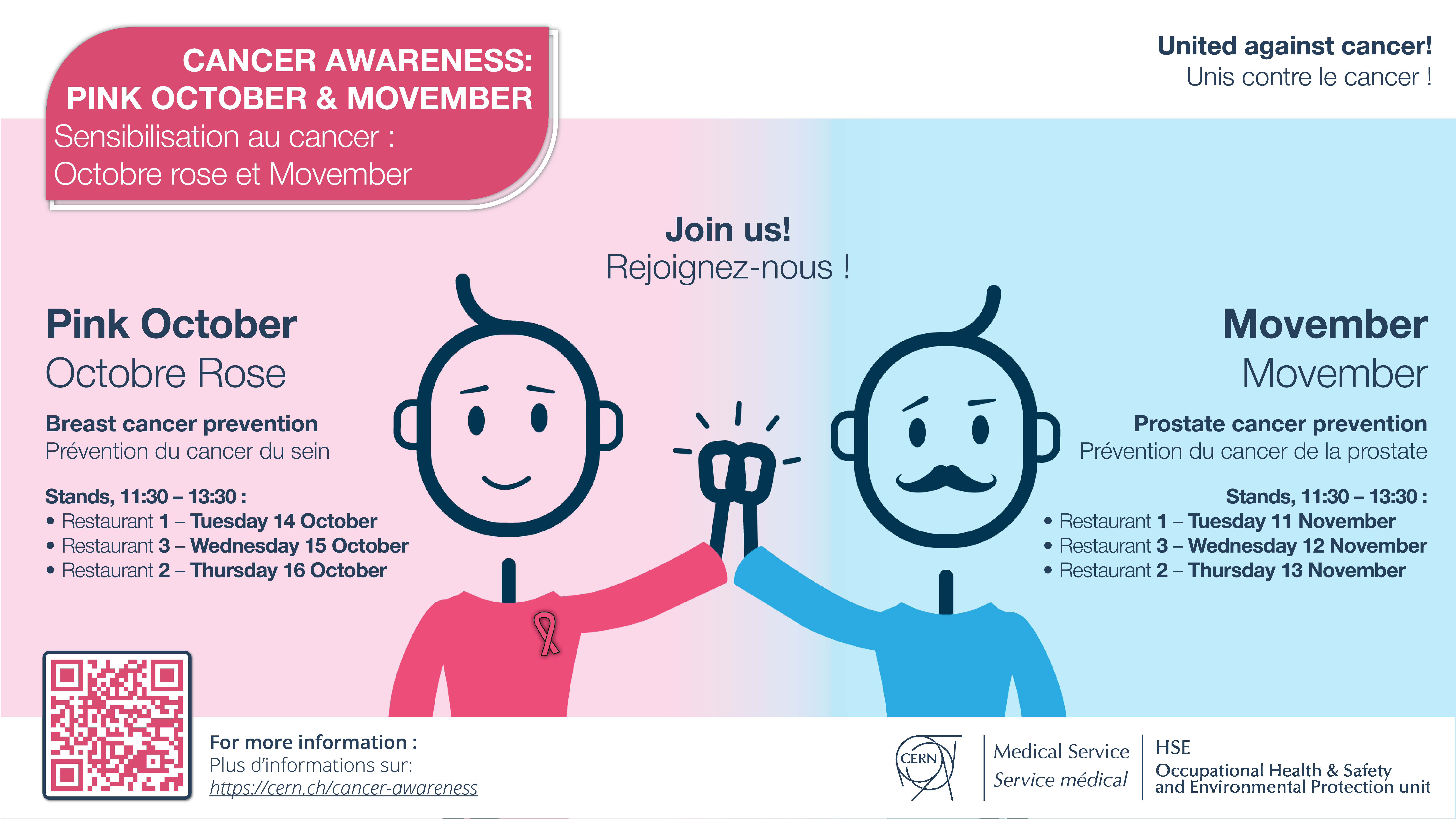 Poster for the Medical Service's Pink October and Movember stand, the information is in the table above.